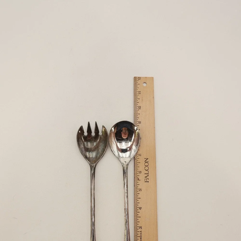 Vintage Silver Plated Italy Salad Servers Spoon and Fork Set Tarnish Patina 9